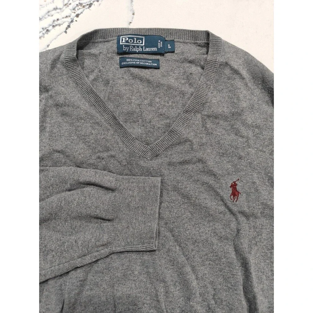 Polo Ralph Lauren V-Neck Sweater Large Grey Pima Cotton Pullover Knit Mens vtg